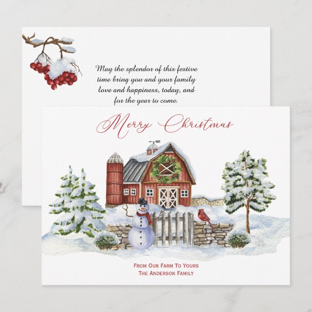 Rustic Barn Farm Christmas Trees Snowman Holiday Card (Front/Back)