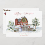 Rustic Barn Farm Christmas Trees Snowman Holiday Card<br><div class="desc">Quaint and cozy rustic watercolor Christmas scene with red barn decorated with a festive wreath,  a jolly snowman,  wooden gate,  stone fence,  red cardinal,  and snow-covered trees. Personalize with your own text front and back.</div>