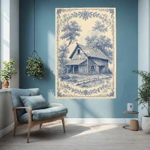 Rustic Barn French Blue Toile Landscape Vintage  Metal Print