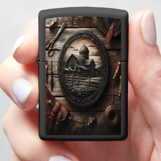 Rustic Barn & Horses Carving Zippo Lighter (In Hand)