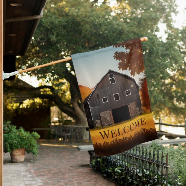Rustic Barn in Autumn Field Welcome  House Flag (In SItu)