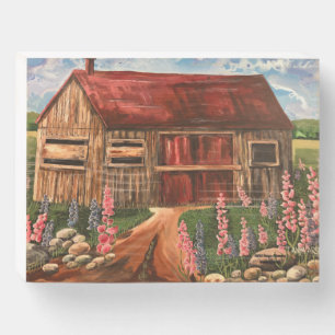 Rustic Barn Landscape red Wooden Box Sign