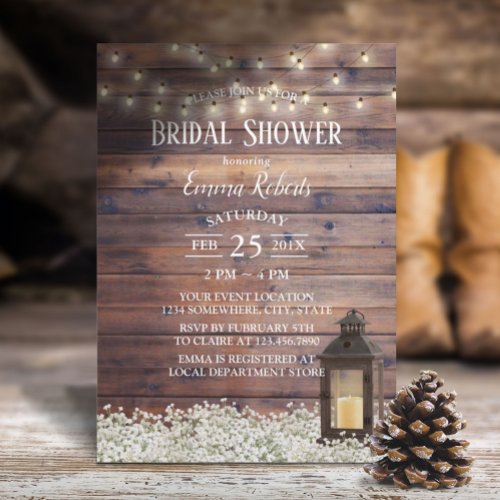 Rustic Barn Lantern String Lights Bridal Shower Invitation