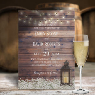 Rustic Barn Lantern String Lights Country Wedding Invitation
