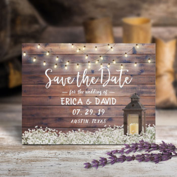 Rustic Barn Lantern String Lights Save The Date Announcement Postcard by myinvitation at Zazzle