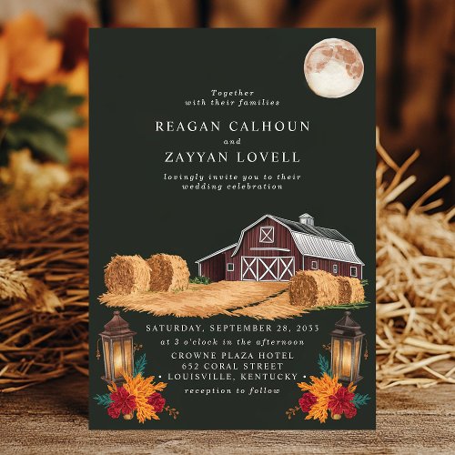 Rustic Barn Lanterns Autumn Hay Bales Farm Wedding Invitation