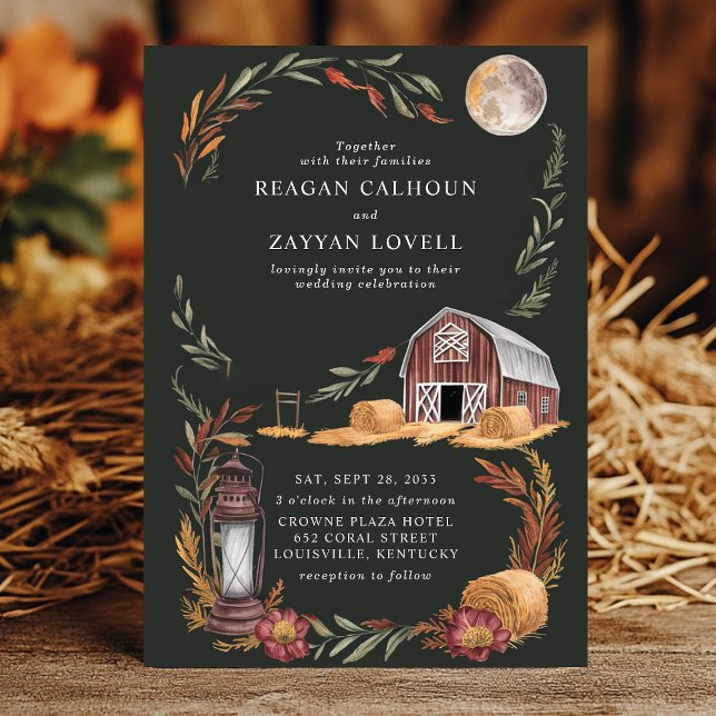Rustic Barn Lanterns Autumn Moon Evening Wedding Invitation (Creator Uploaded)