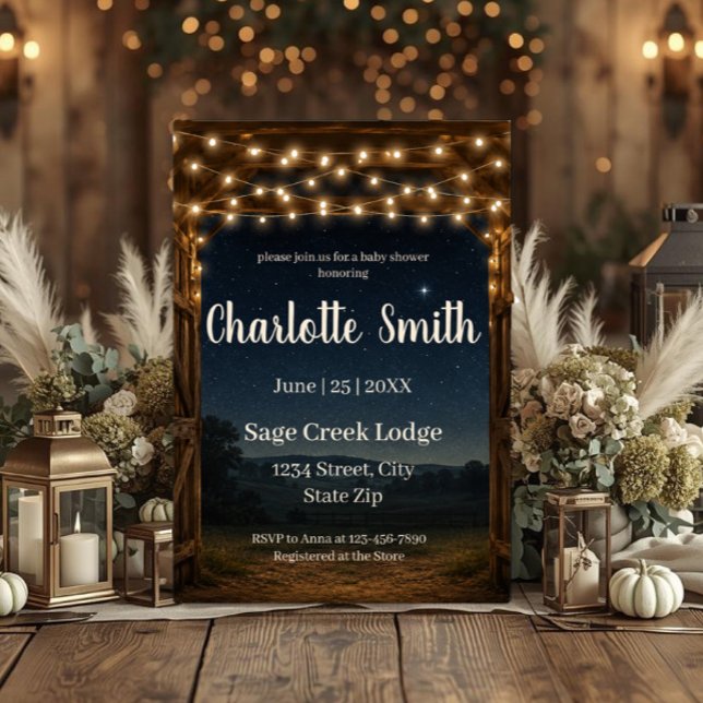 Rustic Barn Lights Baby Shower Invitation (Rustic barn baby shower invitation with string lights, starry sky, farmhouse charm & custom details.)
