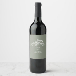 Rustic Barn Line Art Sage Green Wedding Wine Label