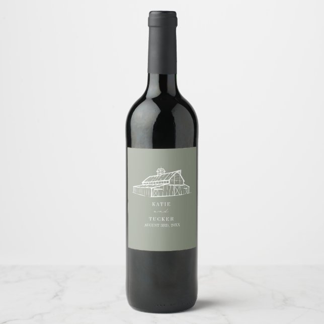 Rustic Barn Line Art Sage Green Wedding Wine Label (Front)