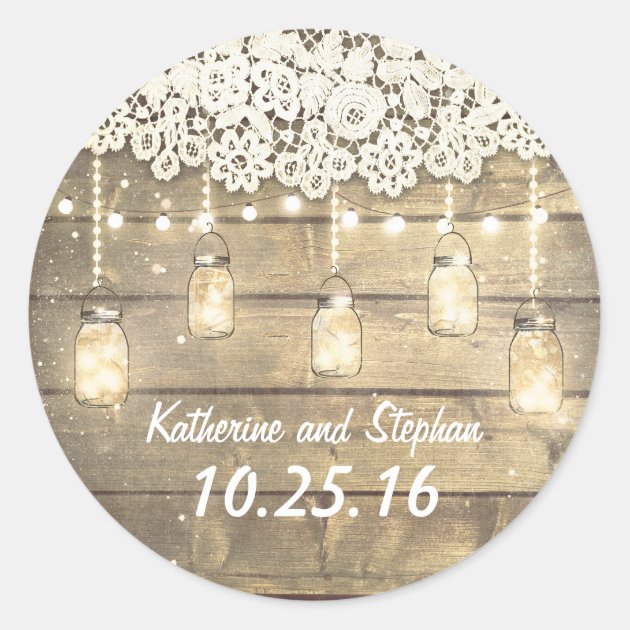 Rustic Barn Mason Jar Lights And Lace Wedding Classic Round Sticker