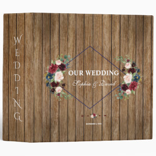 Rustic Barn Merlot Navy Blue Floral Wedding Album 3 Ring Binder