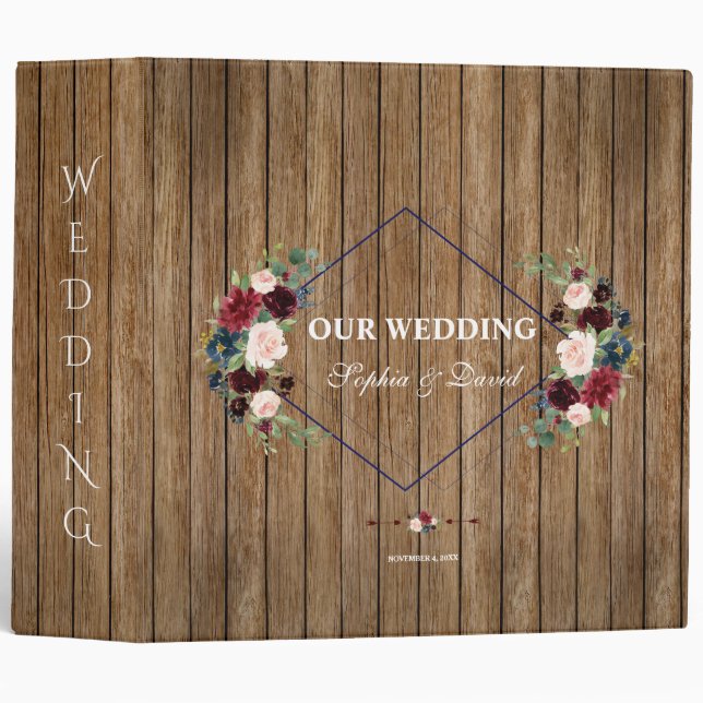 Rustic Barn Merlot Navy Blue Floral Wedding Album 3 Ring Binder (Front/Spine)