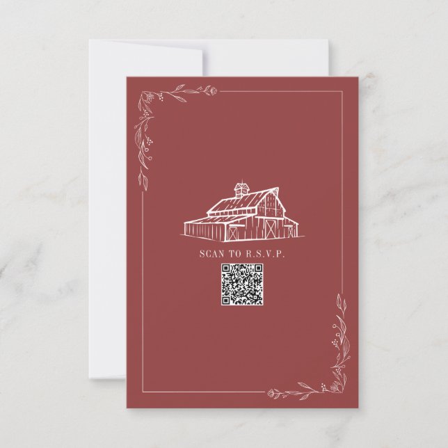 Rustic Barn Muted Red QR Code Wedding RSVP Card (Front)