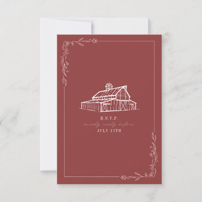 Rustic Barn Muted Red Wedding RSVP Card (Front)