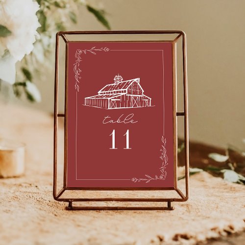 Rustic Barn Muted Red Wedding Table Number
