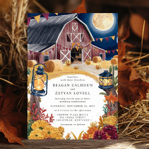 Rustic Barn Navy Blue Nighttime Autumn Wedding Invitation