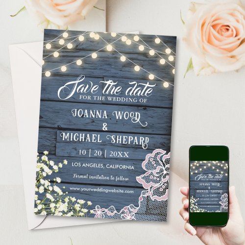 Rustic Barn Navy Blue Wood String Lights  Lace  Save The Date