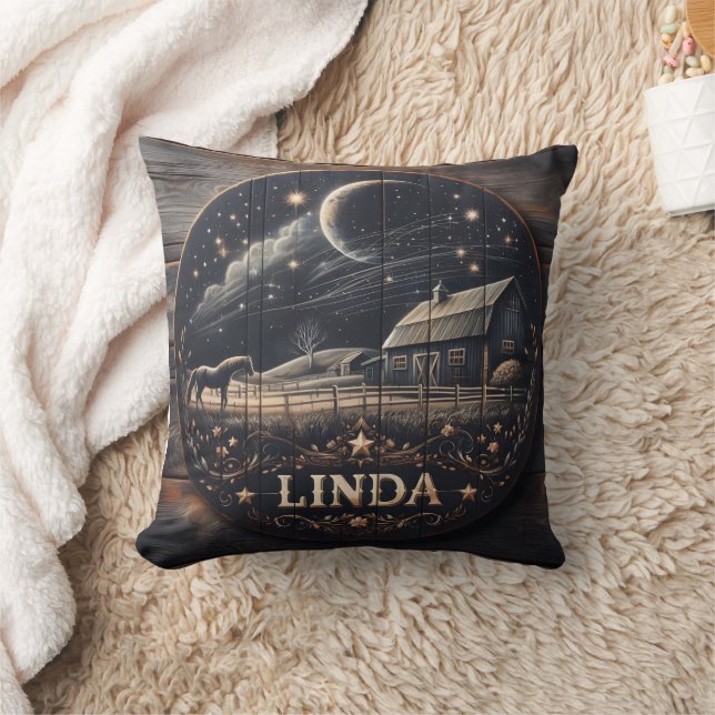 Rustic Barn Night Sky Wood Carving Art Throw Pillow (Blanket)