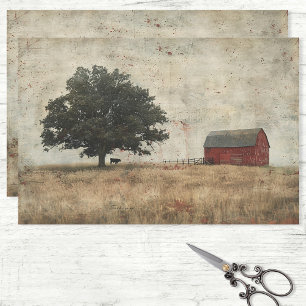Rustic Barn Oak Tree and Cow Painting Decoupage Tissue Paper