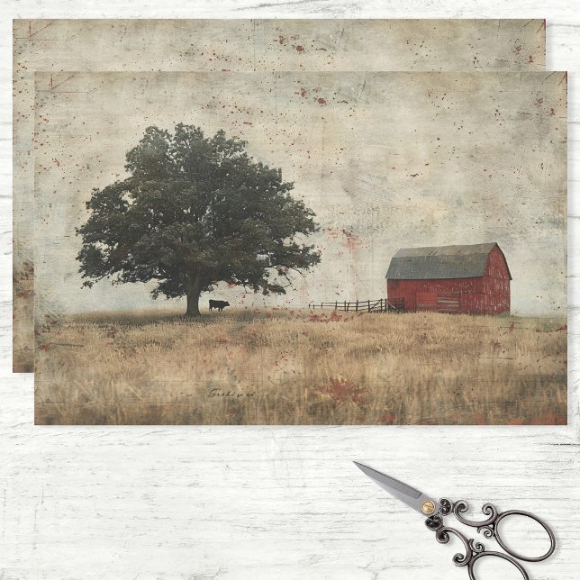 Rustic Barn Oak Tree and Cow Painting Decoupage Tissue Paper (Creator Uploaded)