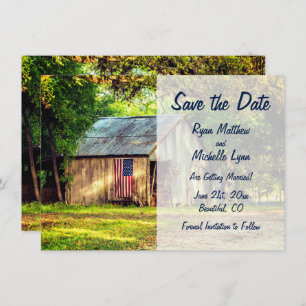 Rustic Barn Patriotic American Flag Save the Date Invitation