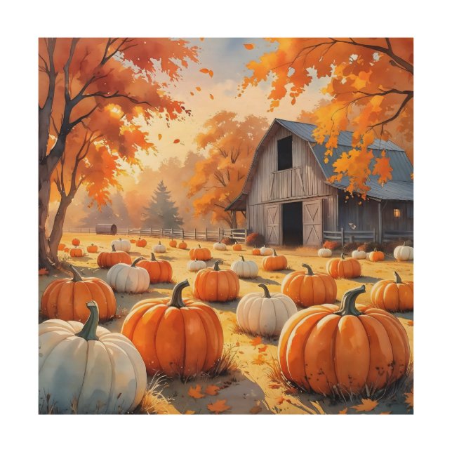 Rustic Barn & Pumpkins | Fall Wood Art (Front)