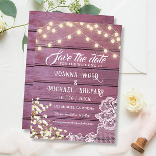 Rustic Barn Purple Wood String Lights & Lace Save The Date