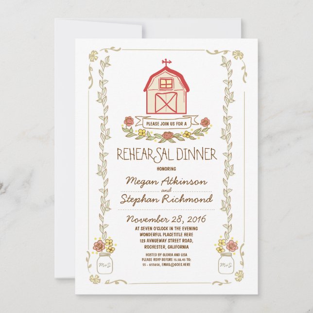 Rustic barn rehearsal dinner invitations (Front)