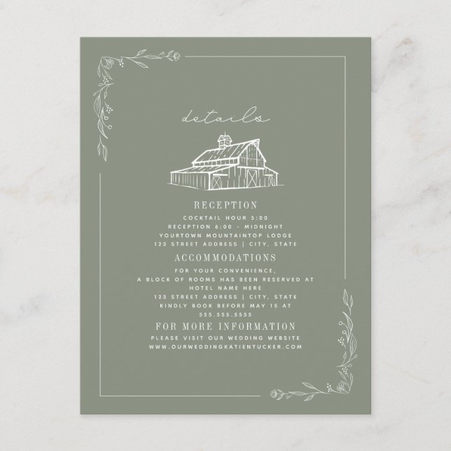 Rustic Barn Sage Green Fall Wedding Details Enclosure Card (Front)