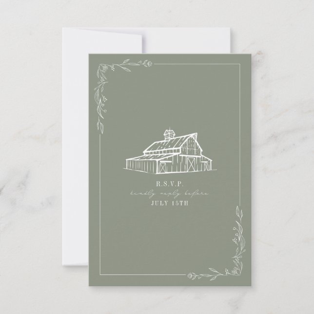 Rustic Barn Sage Green Wedding RSVP (Front)