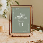 Rustic Barn Sage Green Wedding Table Number<br><div class="desc">Illustration of rustic barn at top with line art botanical border.  Background is Sage Green color.</div>