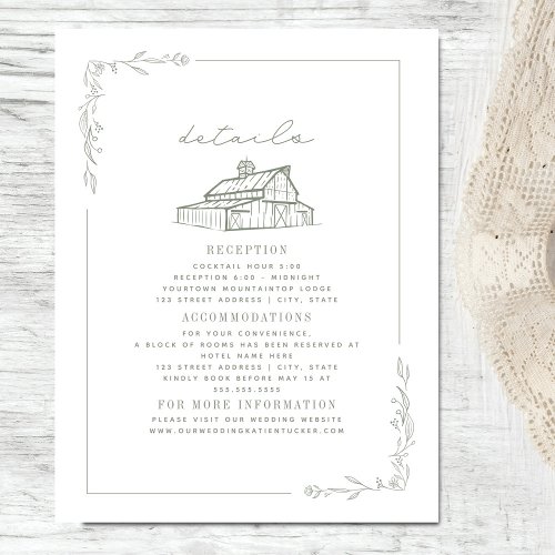 Rustic Barn Sage Green White Fall Wedding Details Enclosure Card