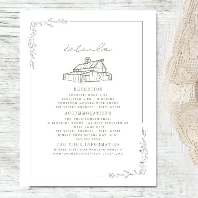 Rustic Barn Sage Green White Fall Wedding Details Enclosure Card (Creator Uploaded)