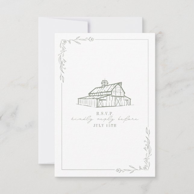 Rustic Barn Sage Green White Wedding RSVP (Front)