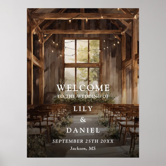 Rustic Barn String Lights Wedding Welcome Sign (Front)