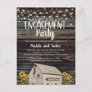 Rustic Barn Sunflower Wood Lights Engagement Party Postcard