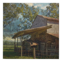Rustic Barn Surrounded by fields under a Blue Sky.