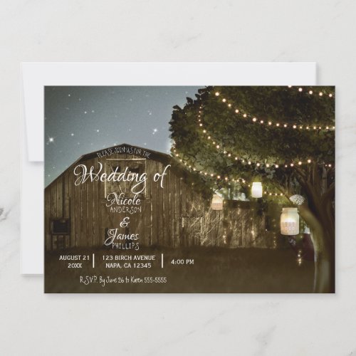 Rustic Barn  Tree Lights Country Jars Wedding  Invitation