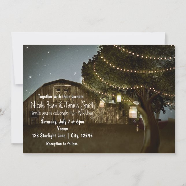 Rustic Barn & Tree Lights Wedding Invitations (Front)