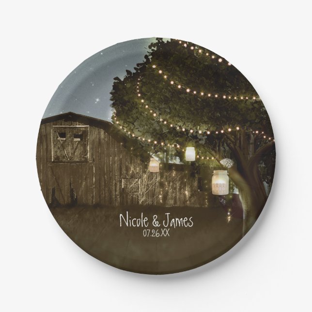 Rustic Barn & Tree Lights Wedding Paper Plates (Front)