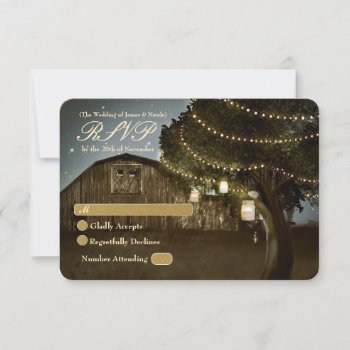 Rustic Barn & Tree Lights Wedding Rsvp Card by printabledigidesigns at Zazzle
