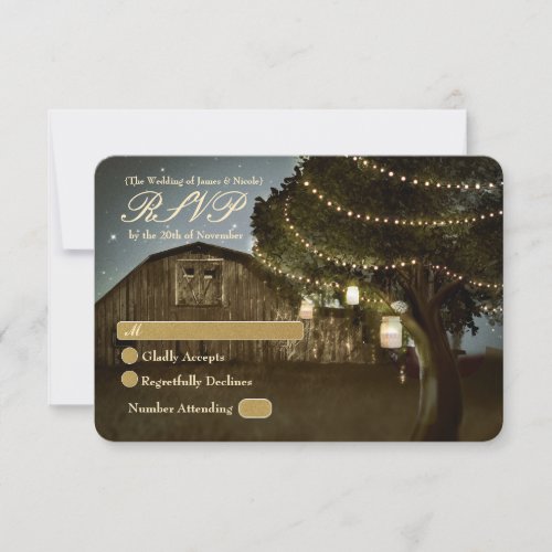 Rustic Barn  Tree Lights Wedding RSVP Card