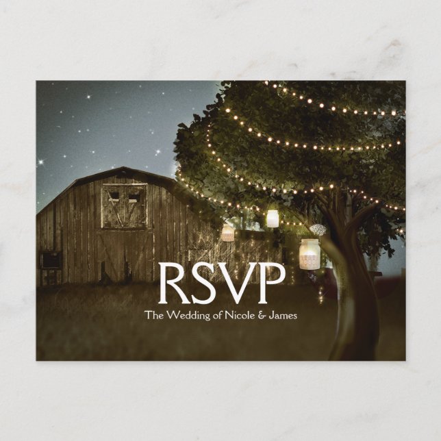 Rustic Barn & Tree Lights Wedding RSVP Card (Front)