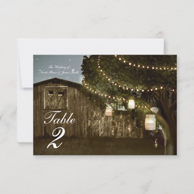 Rustic Barn & Tree Lights Wedding Table Number (Front)