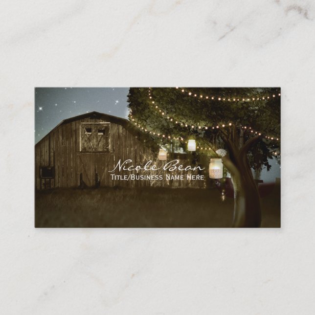 Rustic Barn & Tree String Lights Business Cards (Front)
