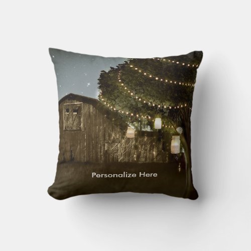 Rustic Barn  Tree String Lights Throw Pillow
