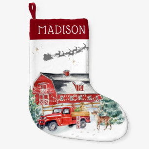 Rustic Barn Vintage Red Farmhouse Truck Monogram Small Christmas Stocking