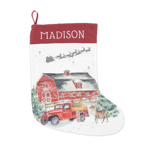 Rustic Barn Vintage Red Farmhouse Truck Monogram Small Christmas Stocking