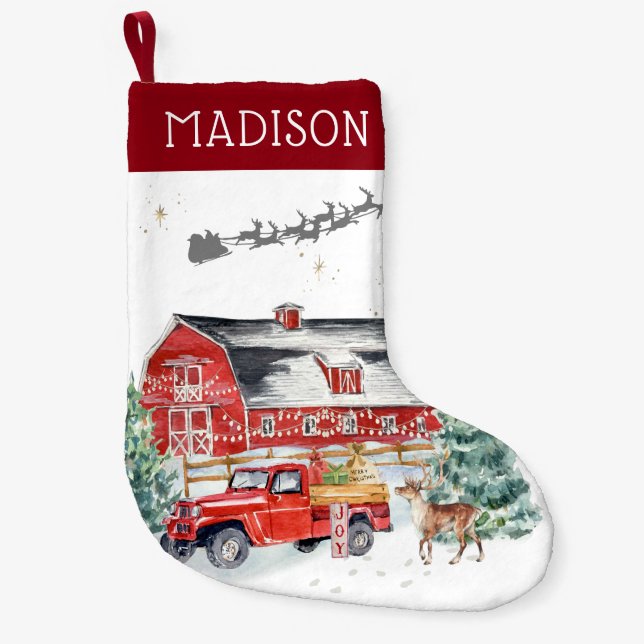 Rustic Barn Vintage Red Farmhouse Truck Monogram Small Christmas Stocking (Front)